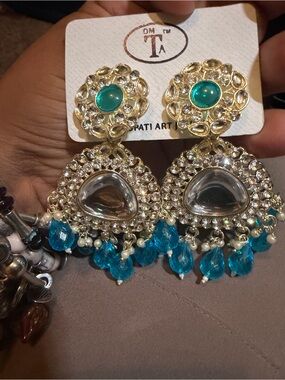MT Gold and Teal Crystal Chandelier Earrings